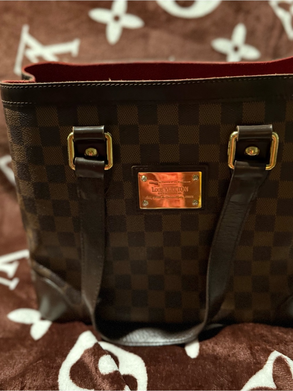 Louis Vuitton Brown Damier Canvas Tote with Red Interior Trim
